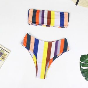Random Striped Bandeau With High Leg Bikini Set